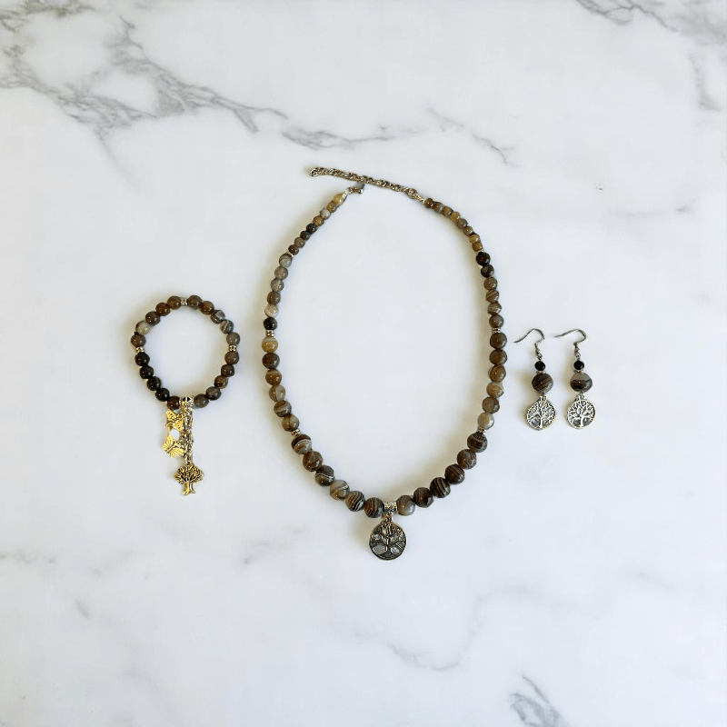 Inner Peace Set | Botswana Stone - For Women | Includes: Necklace, Bracelet, Earring