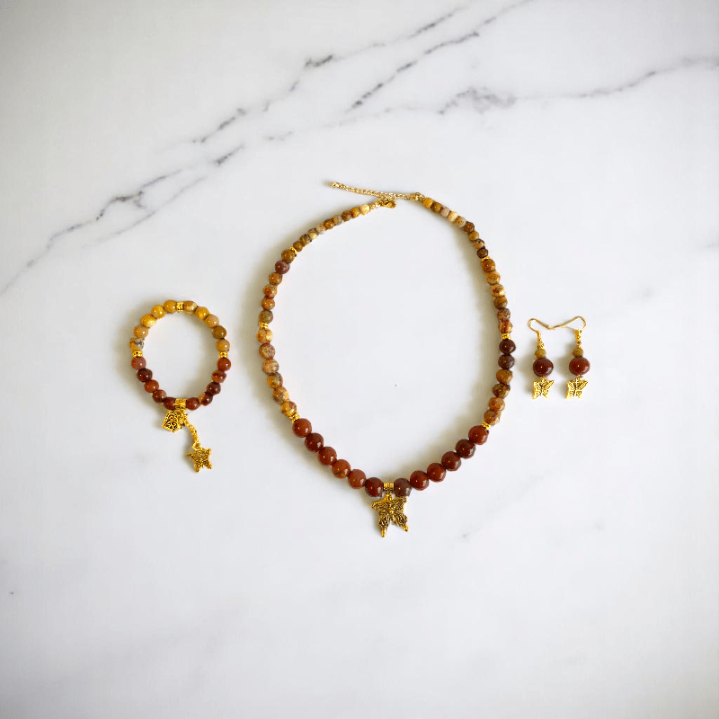 Painted Pebbles Set | Mookaite - For Women | Includes: Necklace, Bracelet, Earring
