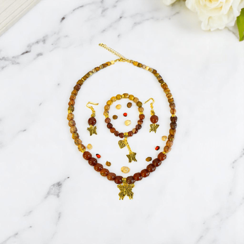 Painted Pebbles Set | Mookaite - For Women | Includes: Necklace, Bracelet, Earring