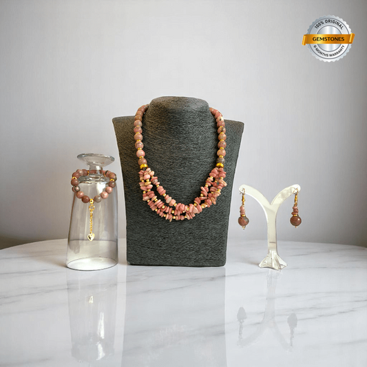 Blushing Set | Rhodonite Stone - For Women | Includes: Necklace, Bracelet, Earring