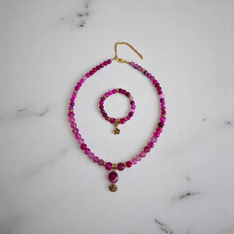 Rosy Essence Set | Pink Banded Agate Stone - For Women | Includes: Necklace, Bracelet