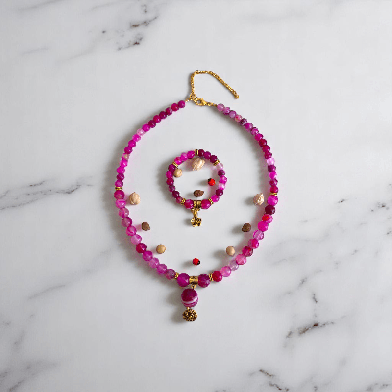 Rosy Essence Set | Pink Banded Agate Stone - For Women | Includes: Necklace, Bracelet