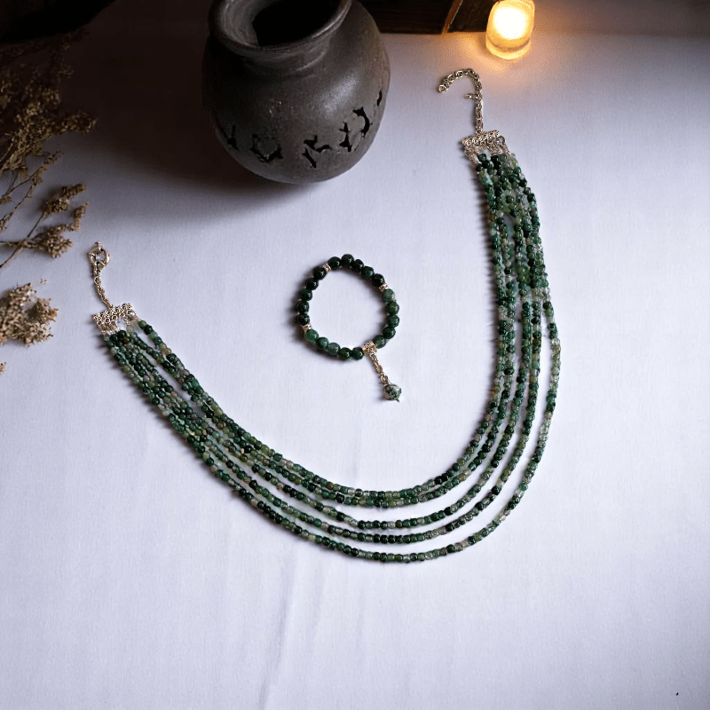 Forest Harmony 5 Layered Set | Green Moss Agate Stone - For Women | Includes: Necklace, Bracelet