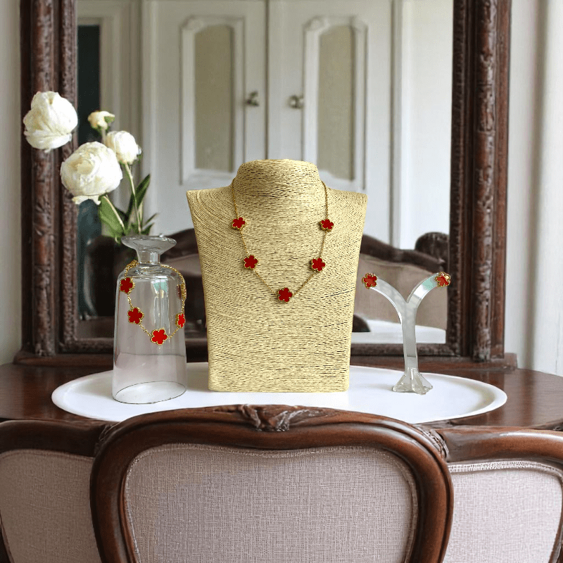 Crimson Floral Set | PVD 18K Gold Plated, Stainless Steel - For Women | Includes: Necklace, Bracelet, Earrings