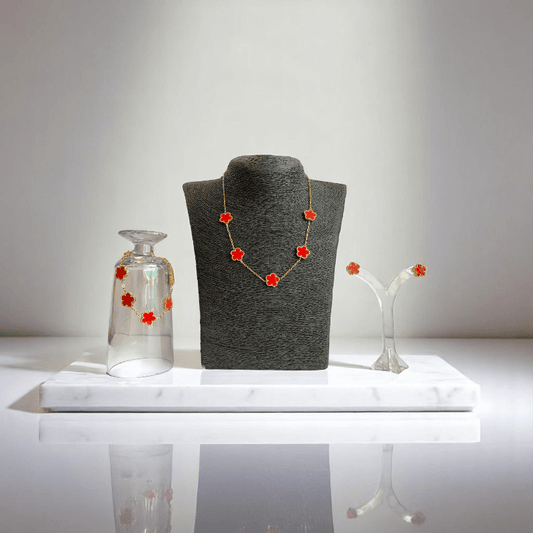 Crimson Floral Set | PVD 18K Gold Plated, Stainless Steel - For Women | Includes: Necklace, Bracelet, Earrings