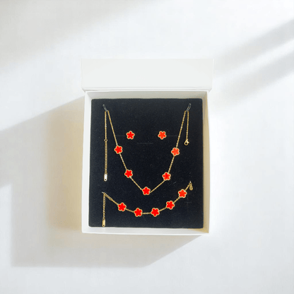 Crimson Floral Set | PVD 18K Gold Plated, Stainless Steel - For Women | Includes: Necklace, Bracelet, Earrings