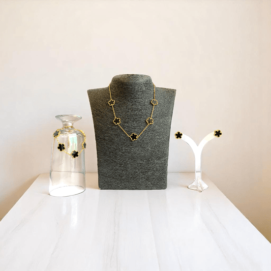 Noir Blossom Set | PVD 18K Gold Plated- For Women | Includes: Necklace, Bracelet, Earrings