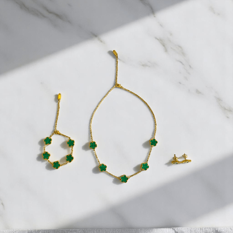 Green Floral Set | PVD 18K Gold Plated & Stainless Steel - For Women | Includes: Necklace, Earrings