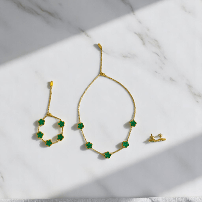 Green Floral Set | PVD 18K Gold Plated & Stainless Steel - For Women | Includes: Necklace, Earrings