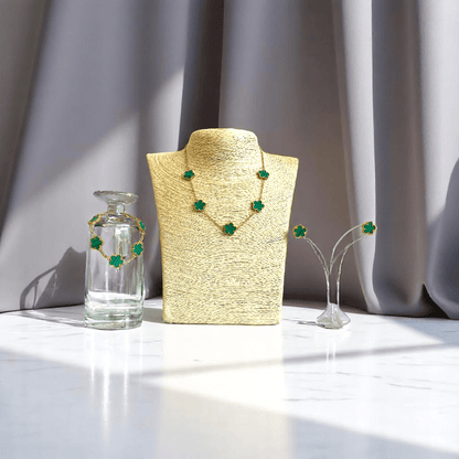 Green Floral Set | PVD 18K Gold Plated & Stainless Steel - For Women | Includes: Necklace, Earrings