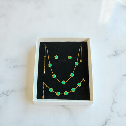 Green Floral Set | PVD 18K Gold Plated & Stainless Steel - For Women | Includes: Necklace, Earrings