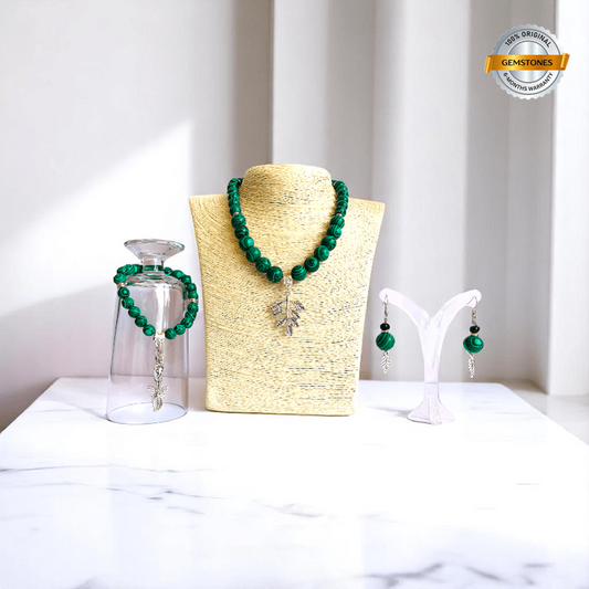 WildLeaf Charm Set | Malachite Stone - For Women | Includes: Necklace, Bracelet, Earring