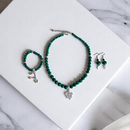 WildLeaf Charm Set | Malachite Stone - For Women | Includes: Necklace, Bracelet, Earring