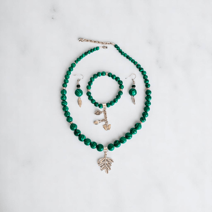 WildLeaf Charm Set | Malachite Stone - For Women | Includes: Necklace, Bracelet, Earring
