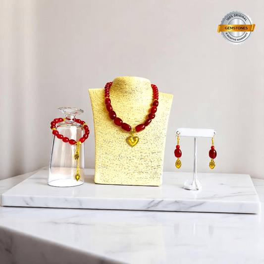 Golden Heart Set | Red Onyx Stone - For Women | Includes: Necklace, Bracelet, Earring