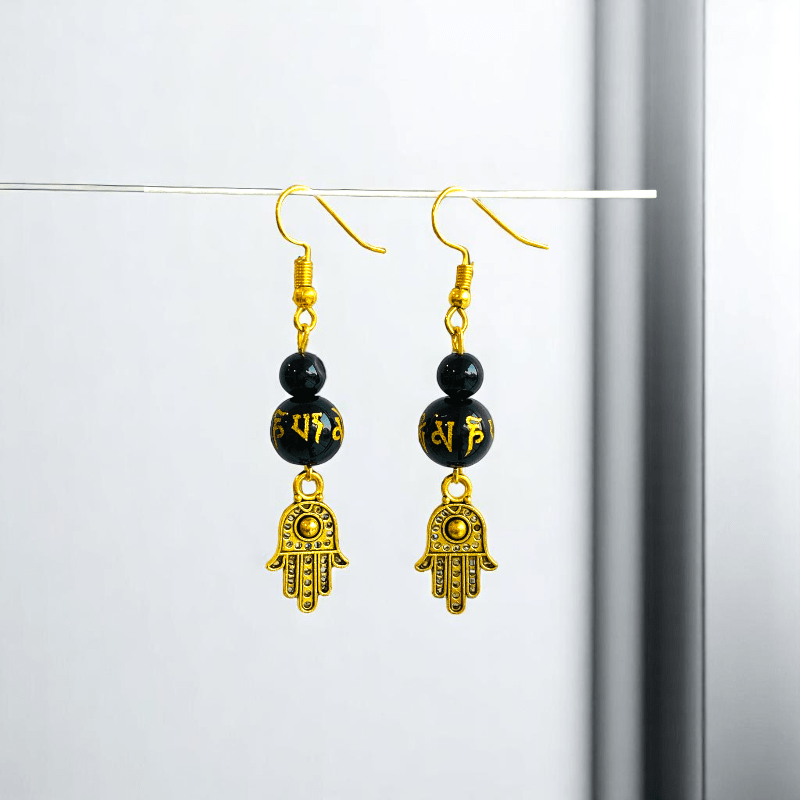 Black Om Mani Hamsa Set | Stainless Steel - For Women | Includes: Necklace, Bracelet, Earrings