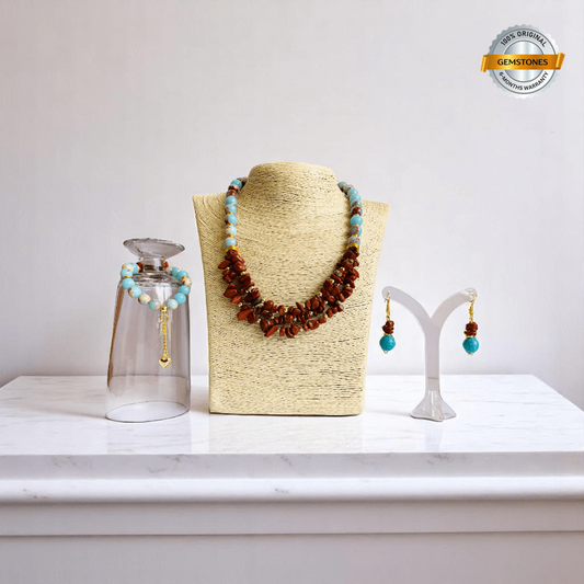 Ocean Dream Set | Blue Agalmatolite, Impression Jasper & Aqua Terra Jasper - For Women | Includes: Necklace, Bracelet, Earring