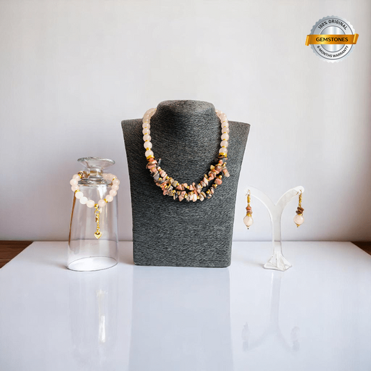 Tender Bloom Set | Rhodonite & Rose Quartz Stone - For Women | Includes: Necklace, Bracelet, Earring