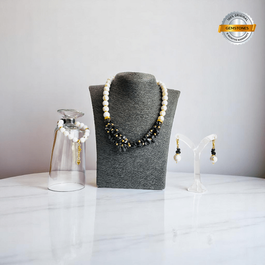 Obsidian Pearl Elegance Set | Black Obsidian & Mother of Pearl Stone - For Women | Includes: Necklace, Bracelet, Earring