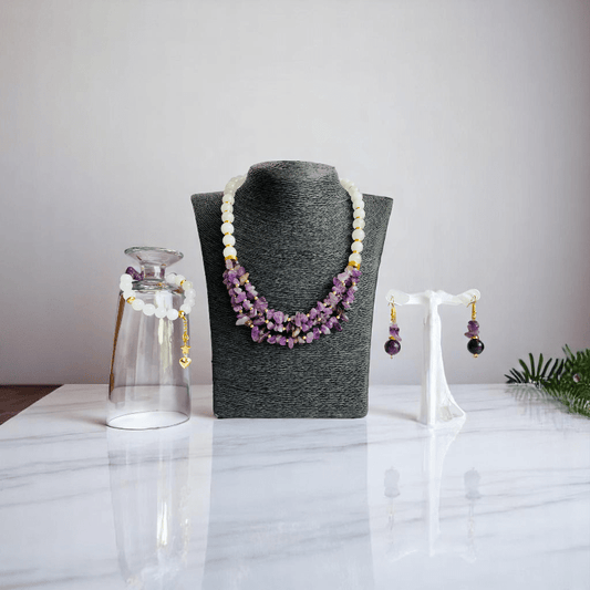 Royal Purity Set | Amethyst & White Jade Stone - For Women | Includes: Necklace, Bracelet, Earring