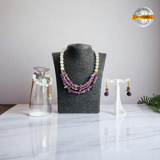 Royal Purity Set | Amethyst & White Jade Stone - For Women | Includes: Necklace, Bracelet, Earring