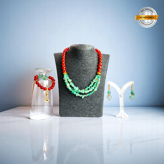 Vital Harmony Set | Green Aventurine & Red Onyx Stone - For Women | Includes: Necklace, Bracelet, Earring