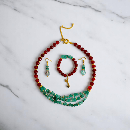 Vital Harmony Set | Green Aventurine & Red Onyx Stone - For Women | Includes: Necklace, Bracelet, Earring