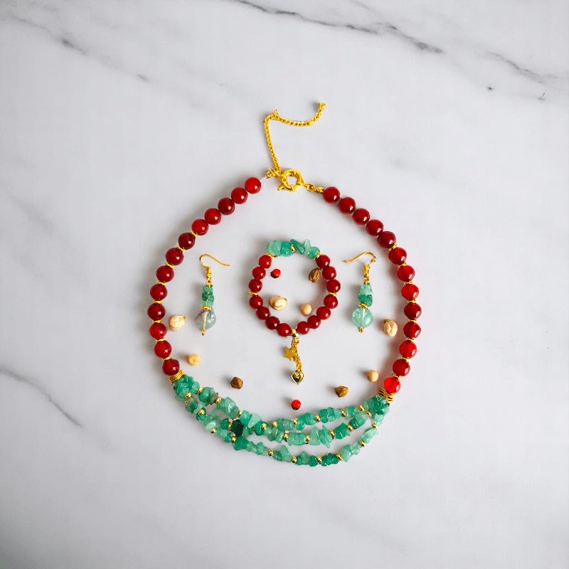 Vital Harmony Set | Green Aventurine & Red Onyx Stone - For Women | Includes: Necklace, Bracelet, Earring
