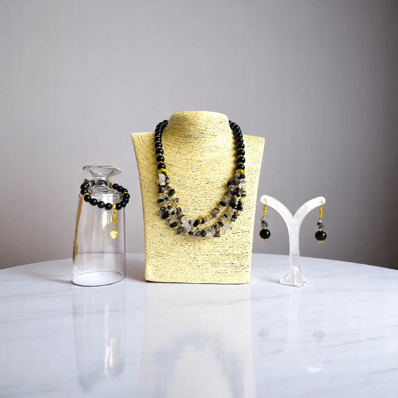 Shadow Spark Set | Black Obsidian & Rutile Stone - For Women | Includes: Necklace, Bracelet, Earring