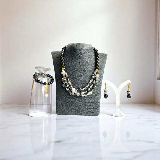 Shadow Spark Set | Black Obsidian & Rutile Stone - For Women | Includes: Necklace, Bracelet, Earring
