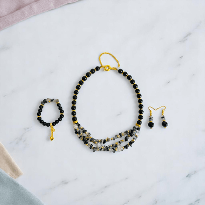 Shadow Spark Set | Black Obsidian & Rutile Stone - For Women | Includes: Necklace, Bracelet, Earring