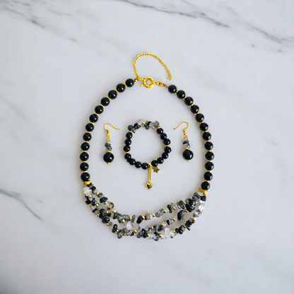 Shadow Spark Set | Black Obsidian & Rutile Stone - For Women | Includes: Necklace, Bracelet, Earring