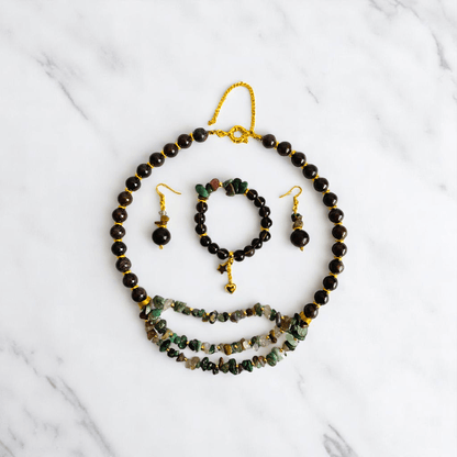 Fiery Earth Set | Red Tiger Eye & Indian Agate Stone - For Women | Includes: Necklace, Bracelet, Earring