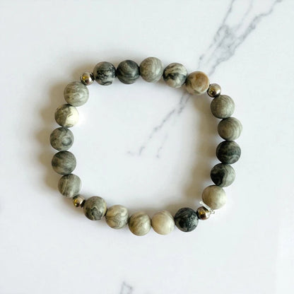 Art Jasper Set | Grey Picasso Jasper - For Kids Girls | Includes: Necklace & Bracelet