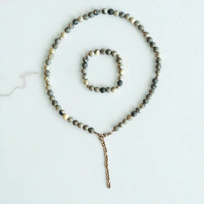 Art Jasper Set | Grey Picasso Jasper - For Kids Girls | Includes: Necklace & Bracelet