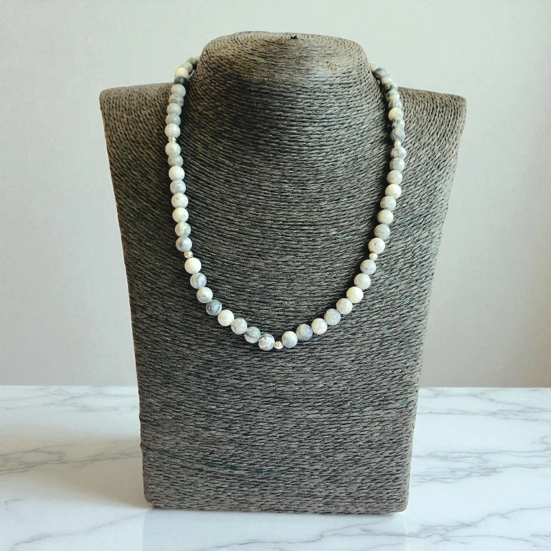 Art Jasper Set | Grey Picasso Jasper - For Kids Girls | Includes: Necklace & Bracelet