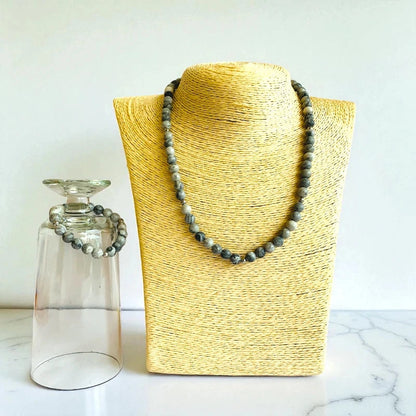 Art Jasper Set | Grey Picasso Jasper - For Kids Girls | Includes: Necklace & Bracelet