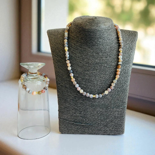Striped Botswana Set | Botswana Agate - For Kids Girls | Includes: Necklace & Bracelet