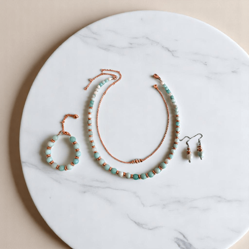Tranquil Glow Set | Amazonite Stone & 18K Gold Plating - For Women | Includes: 2 Necklaces, Bracelet, Earring