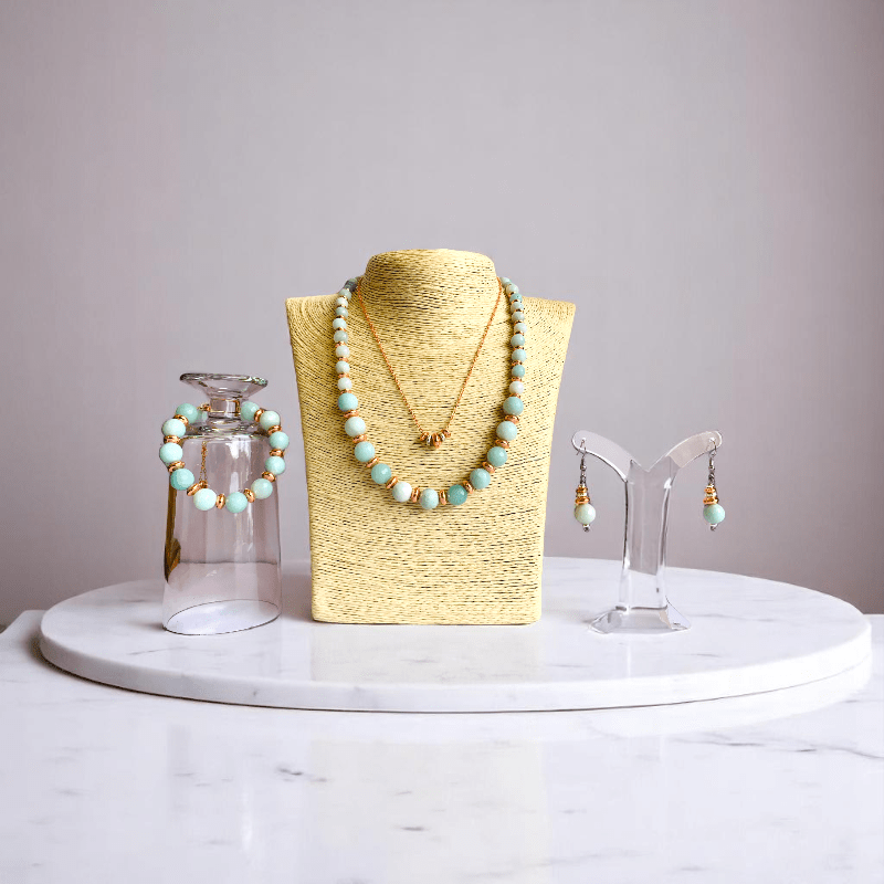 Tranquil Glow Set | Amazonite Stone & 18K Gold Plating - For Women | Includes: 2 Necklaces, Bracelet, Earring