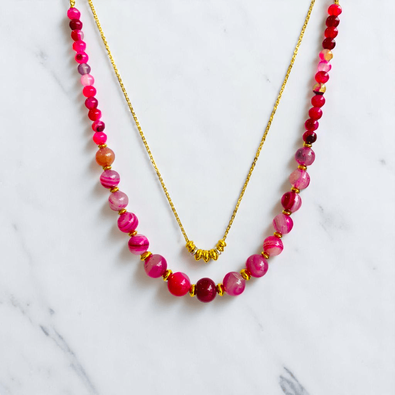 Pink Aura Set | Pink Banded Agate Stone & 18K Gold Plating - For Women | Includes: 2 Necklaces, Bracelet, Earring