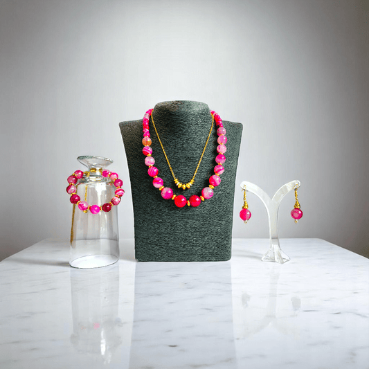 Pink Aura Set | Pink Banded Agate Stone & 18K Gold Plating - For Women | Includes: 2 Necklaces, Bracelet, Earring