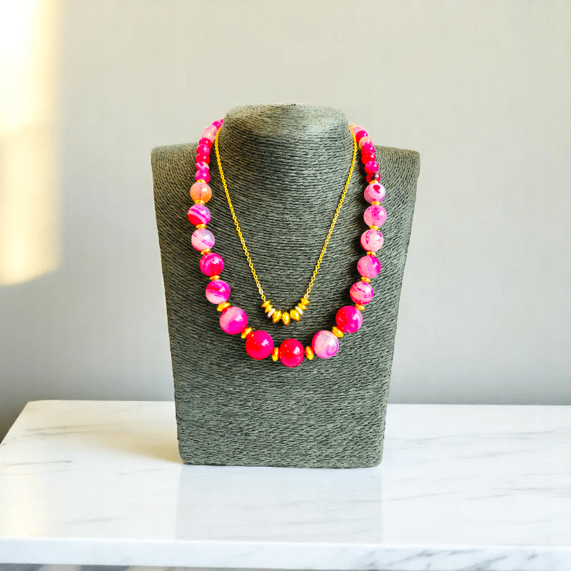 Pink Aura Set | Pink Banded Agate Stone & 18K Gold Plating - For Women | Includes: 2 Necklaces, Bracelet, Earring