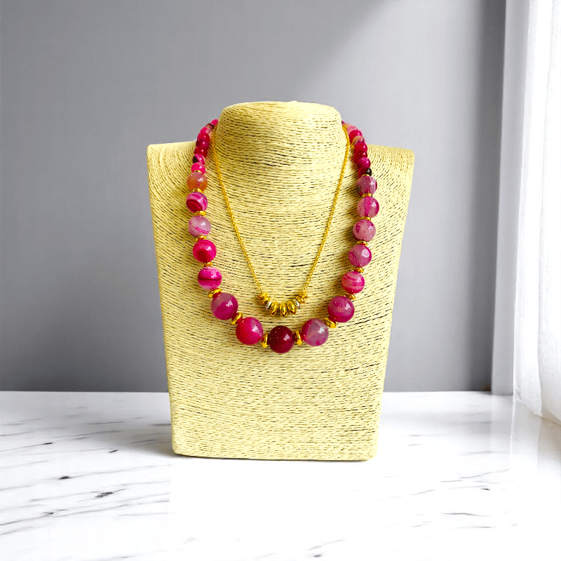 Pink Aura Set | Pink Banded Agate Stone & 18K Gold Plating - For Women | Includes: 2 Necklaces, Bracelet, Earring
