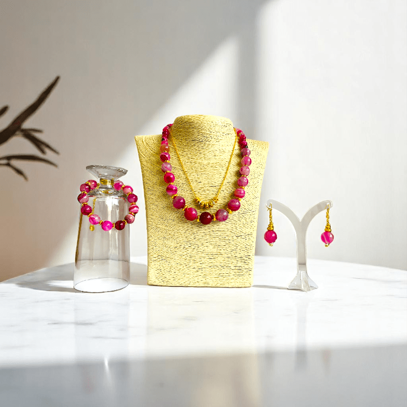 Pink Aura Set | Pink Banded Agate Stone & 18K Gold Plating - For Women | Includes: 2 Necklaces, Bracelet, Earring