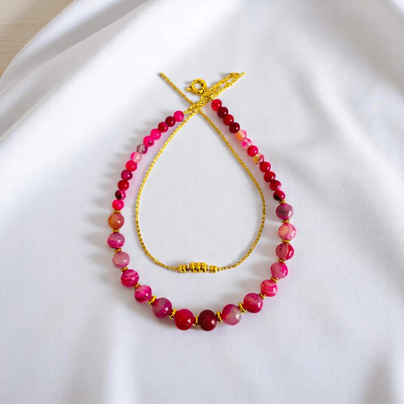 Pink Aura Set | Pink Banded Agate Stone & 18K Gold Plating - For Women | Includes: 2 Necklaces, Bracelet, Earring