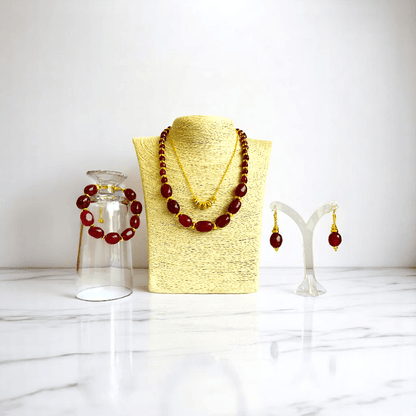 Radiant Flame Set | Red Onyx Stone & 18K Gold Plating - For Women | Includes: 2 Necklaces, Bracelet, Earring