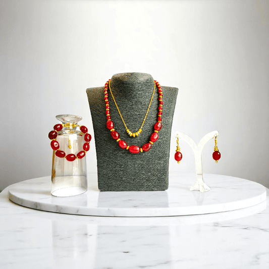Radiant Flame Set | Red Onyx Stone & 18K Gold Plating - For Women | Includes: 2 Necklaces, Bracelet, Earring