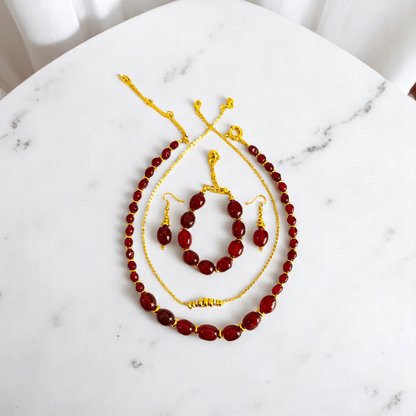 Radiant Flame Set | Red Onyx Stone & 18K Gold Plating - For Women | Includes: 2 Necklaces, Bracelet, Earring
