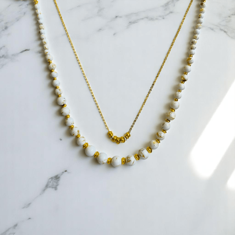 Golden Shell Set | Mother of Pearl Stone & 18K Gold Plating - For Women | Includes: 2 Necklaces, Bracelet, Earring